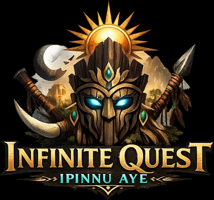 Logo Infinite Quest : masque d'écorce sous un soleil, entre lance et défense